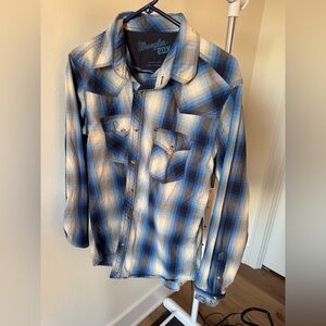 MENS WRANGLER PEARL SNAP WESTERN SHIRT SIZE LARGE BLUES PLAID